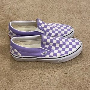 Lavender and white checkered slip on vans